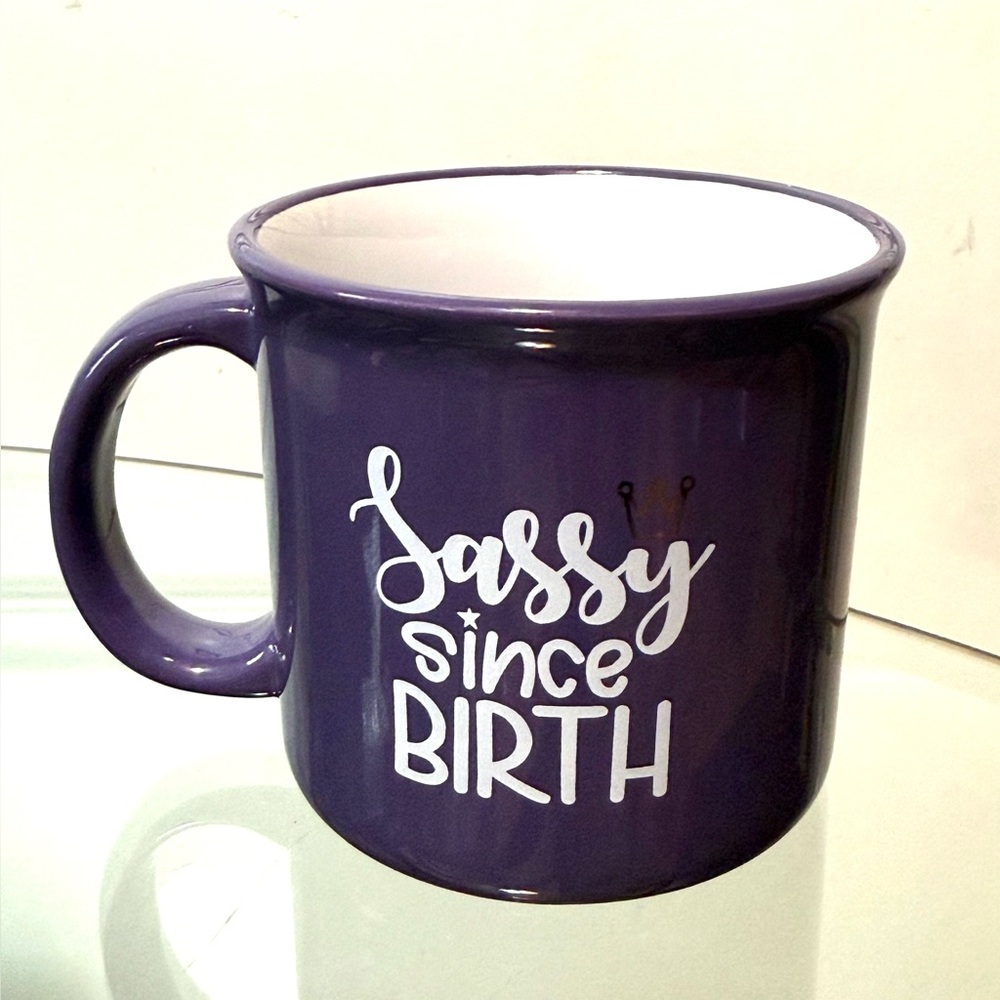 Purple Sassy Since Birth ceramic coffee mug 4 inches tall crown